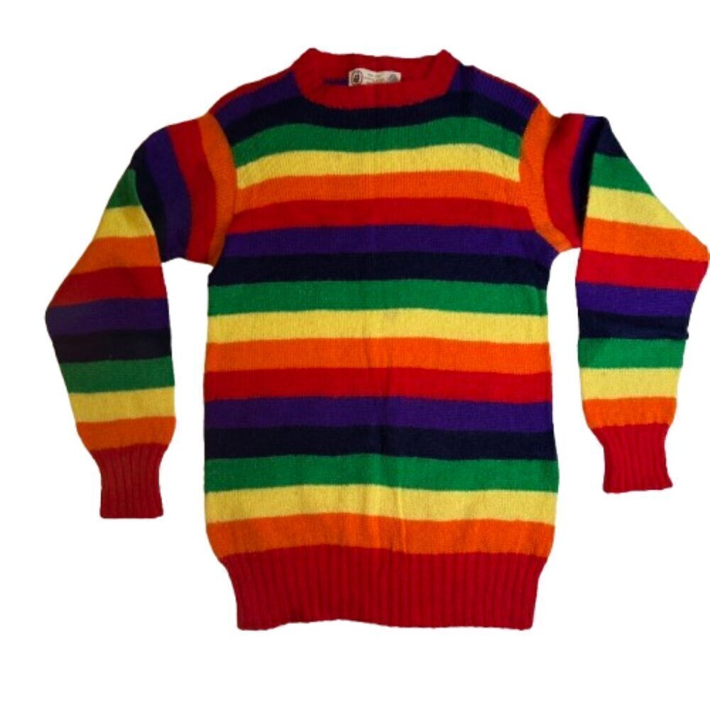 Vintage Rainbow Striped Shetland Wool Made in Scotland XS/S Pride Retro #1427